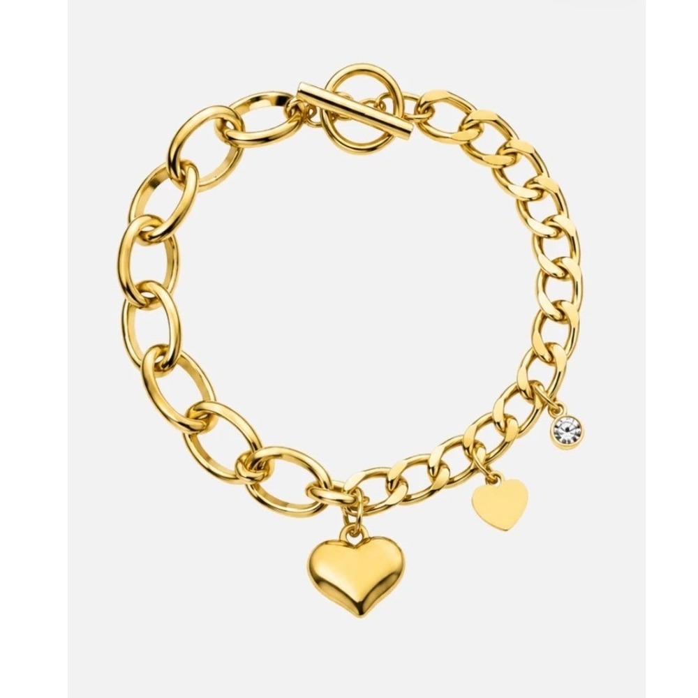 Gold Tone Mixed Link Heart Charm Bracelet with Crystal Toggle Clasp 7.25"